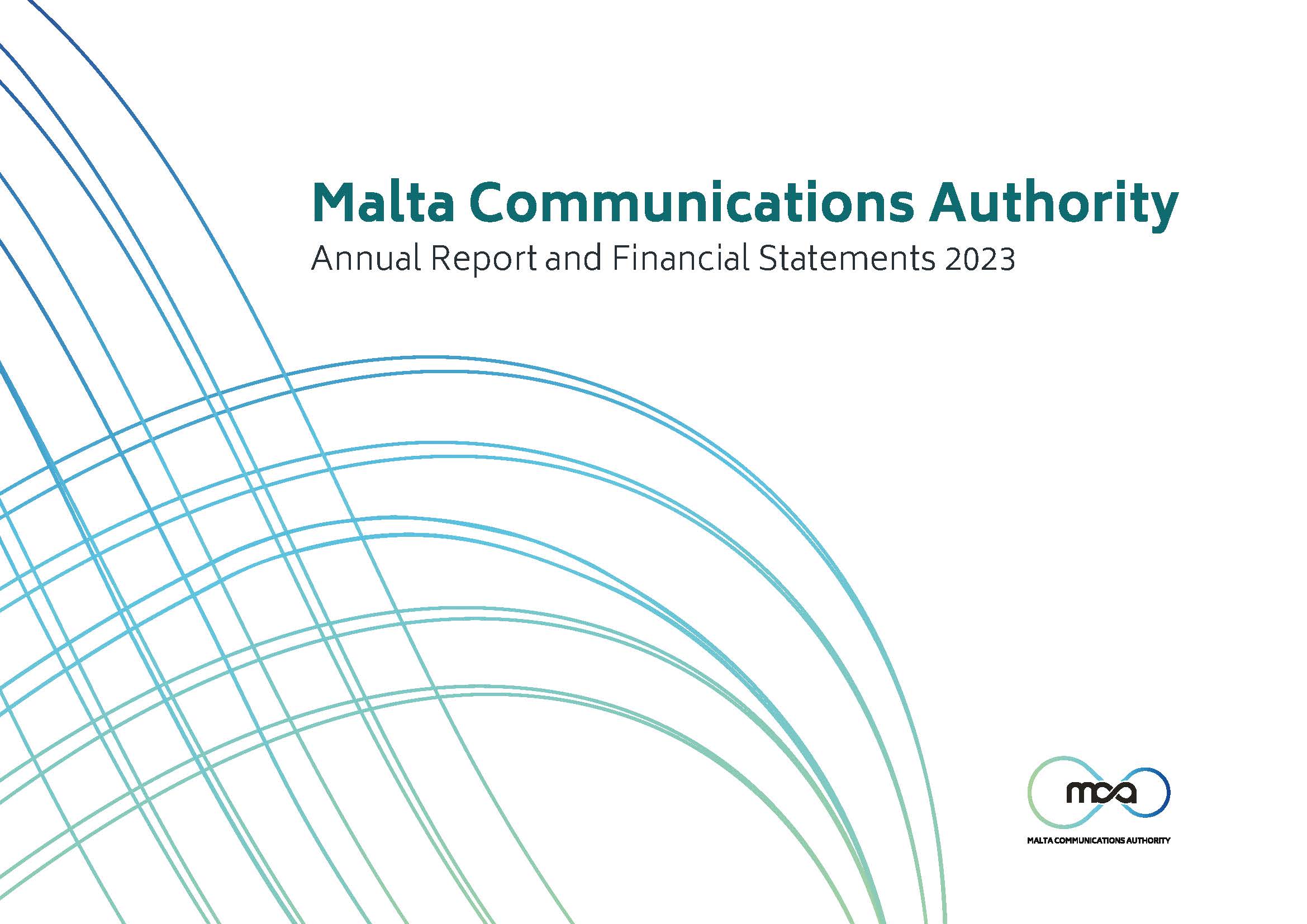 White cover page of report with green-blue waves splashes on the left and bottom of the design. Cover title reads "Malta Communications Authority Annual Report and Financial Statements 2023".